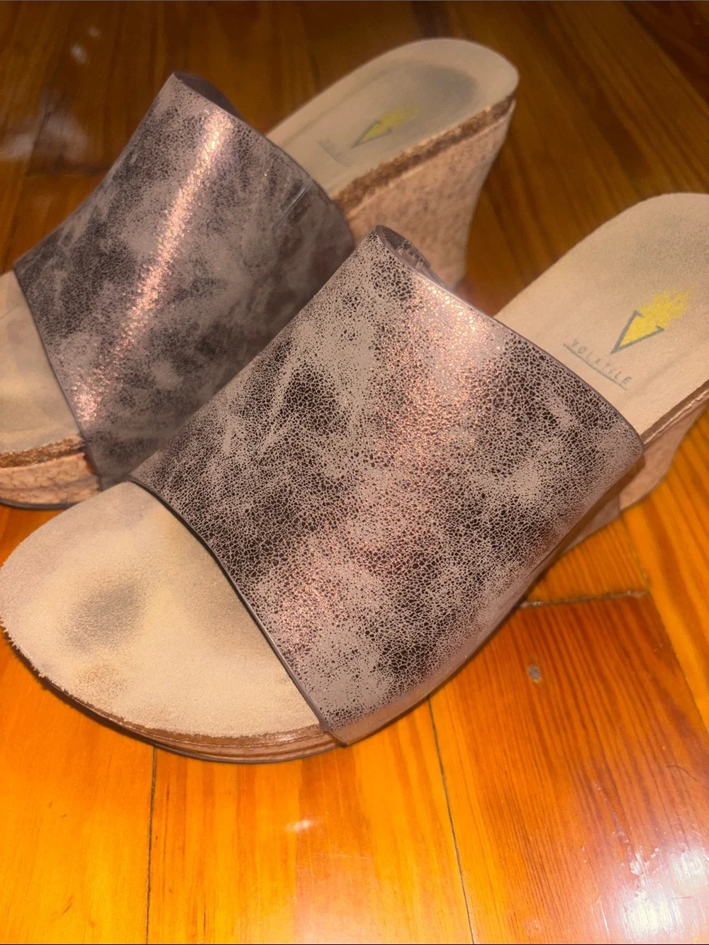 Volatile Metallic Bronze/ Brown Distressed Cork Wedge Platform Sandals